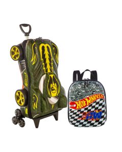 Kit Mochila 3D Infantil 3 Rodinhas e Lancheira Hot Wheels Howling Heat