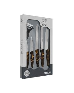 Jogo de Facas Sharp 6 Peças Lâminas Aço Inox Cabo Plástico Mármore