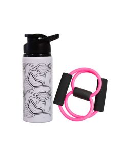 Kit Garrafa de água Alumínio 600ml Branca + Expansor Elástico Rosa