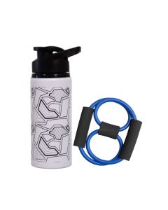 Kit Garrafa de água Alumínio 600ml Branca + Expansor Elástico Azul