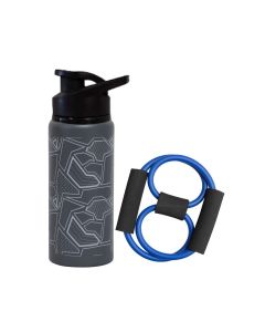 Kit Garrafa de água Alumínio 600ml Cinza + Expansor Elástico Azul