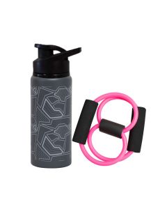 Kit Garrafa de água Alumínio 600ml Cinza + Expansor Elástico Rosa