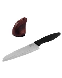 Kit Combo Faca Santoku 7" Preta e Afiador de Facas Madeira