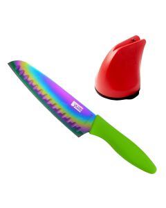 Kit Combo Faca Santoku 7" Verde e Afiador de Facas Vermelho