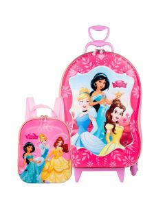 Kit Mochila 3D Com Rodinhas e Lancheira Princesas Disney