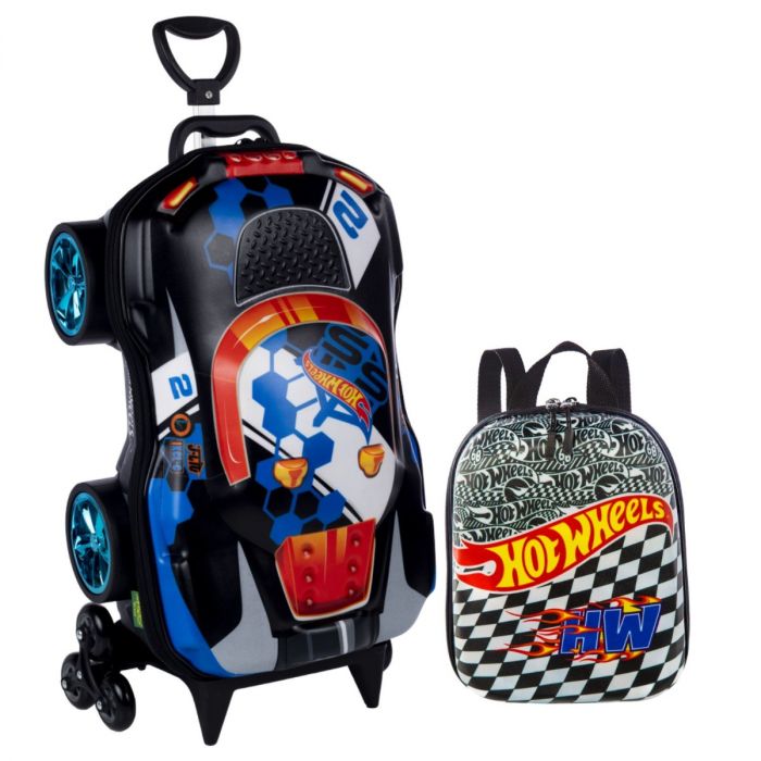 Kit Mochila Infantil Hot Wheels 3D 3 Rodinhas e Lancheira Terrain