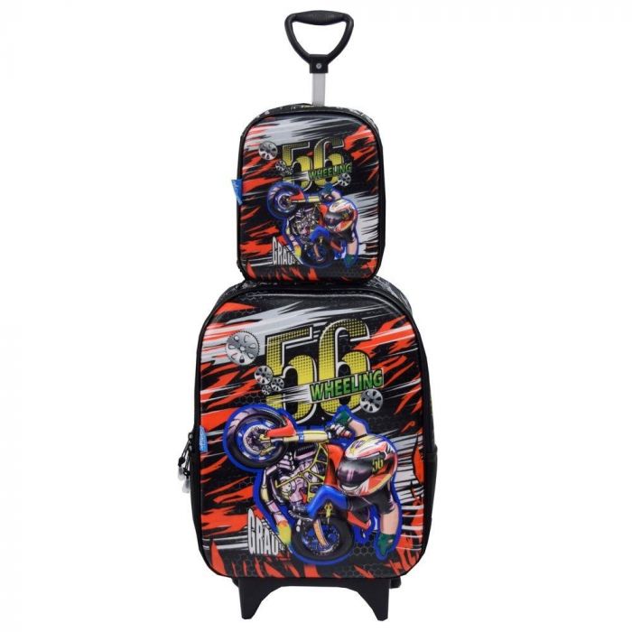 Kit Mochila Infantil c/Rodinhas e Lancheira Soft Motos Maxtoy