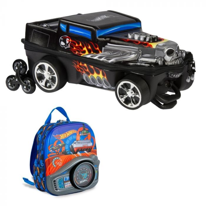 Kit Mochila Infantil 3D c 3 Rodinhas e Lancheira Hot Wheels Bone