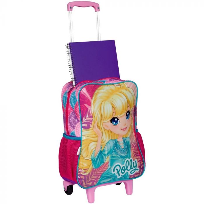 Kit mochila rodinhas Polly infantil com lancheira e estojo Sestini