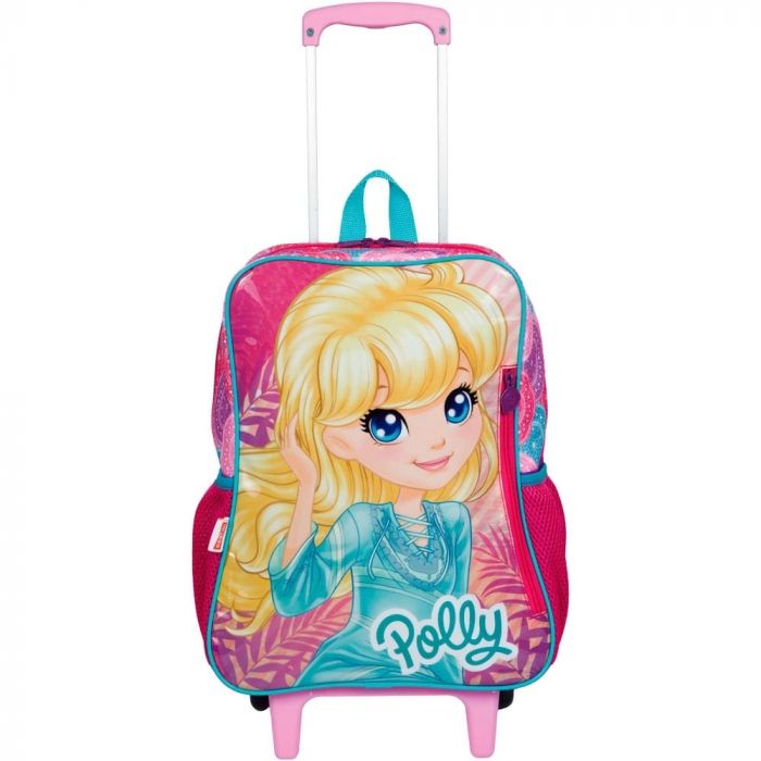 Kit mochila rodinhas Polly infantil com lancheira e estojo Sestini